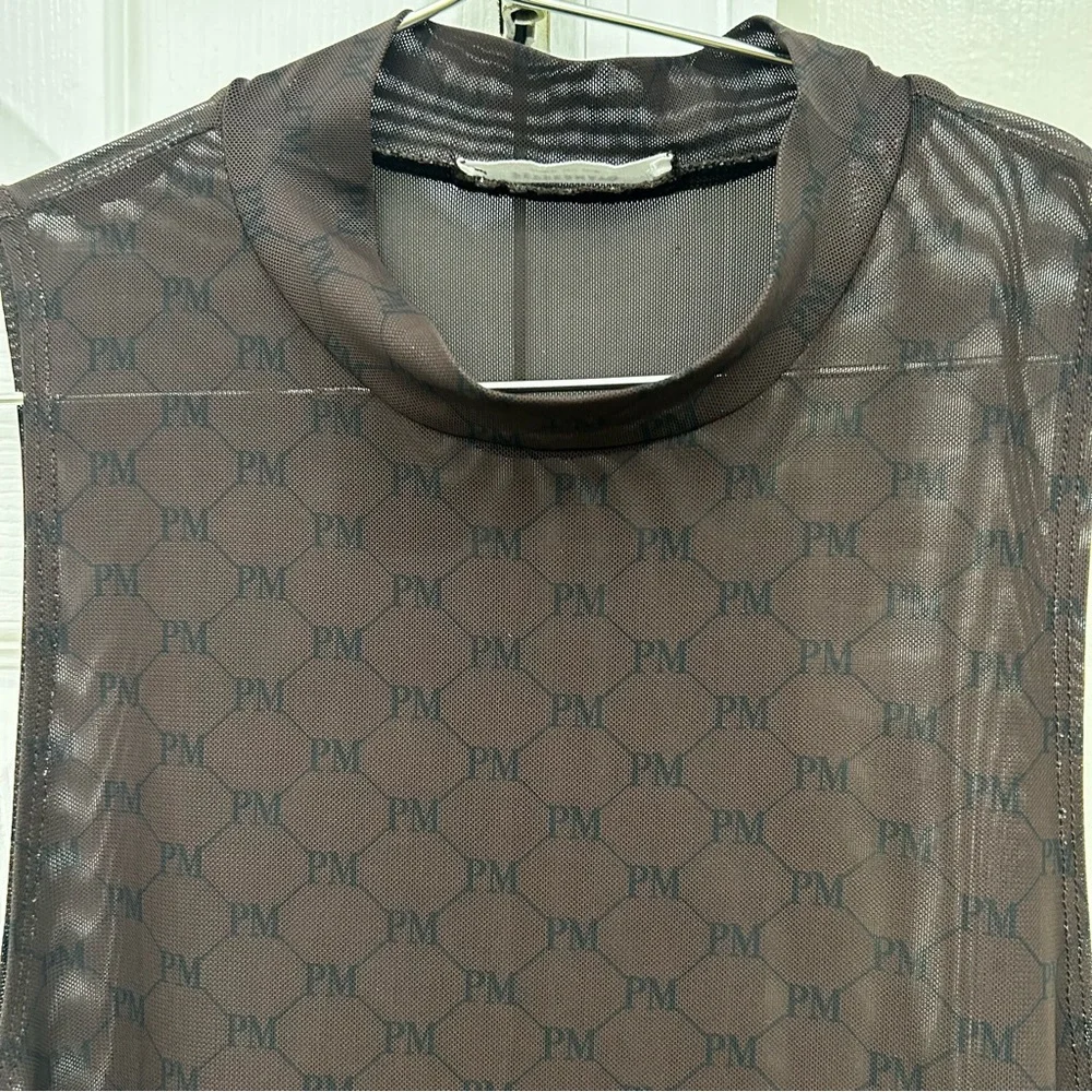 Peppermayo Brown w/ Black Signature Logo Sheer Maxi Sleeveless Dress Size 8